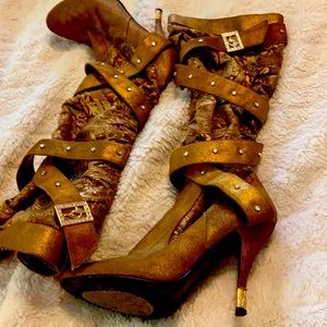 Unique gold suede and silk Hugh heeled boots